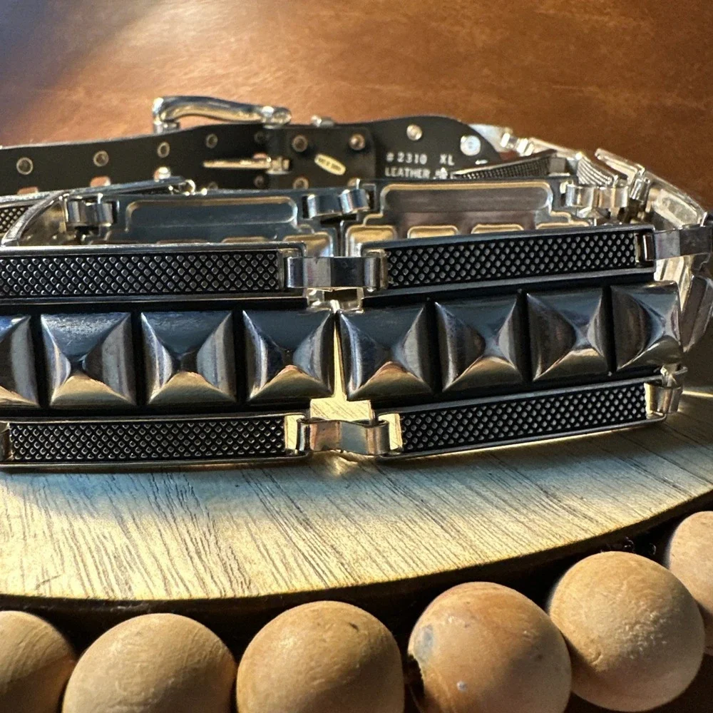 Vintage Stainless Steel & Leather Heavy Metal Leather Punk Goth Belt And Buckle